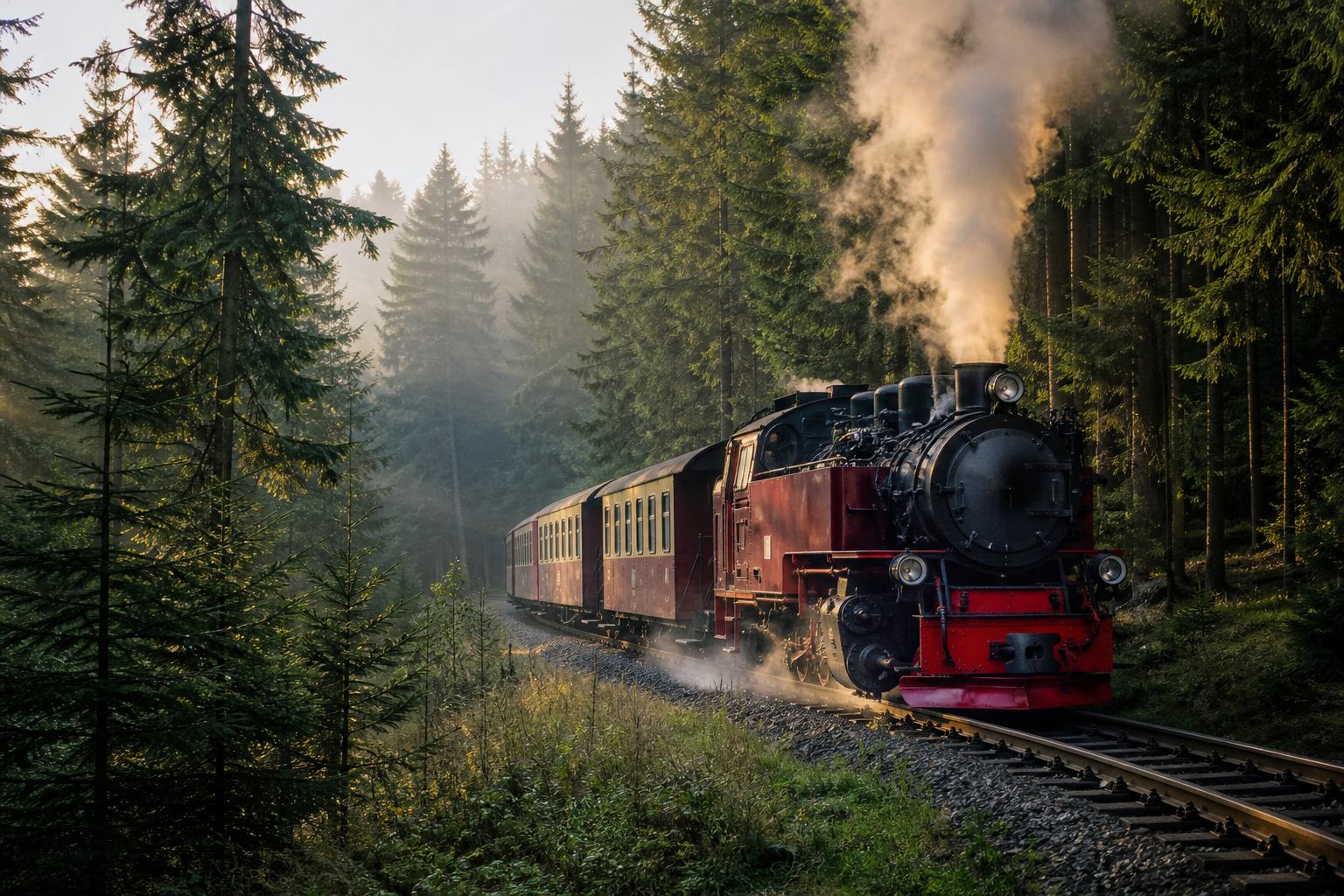 Dampflok der Harzer Schmalspurbahnen zwischen Fichten